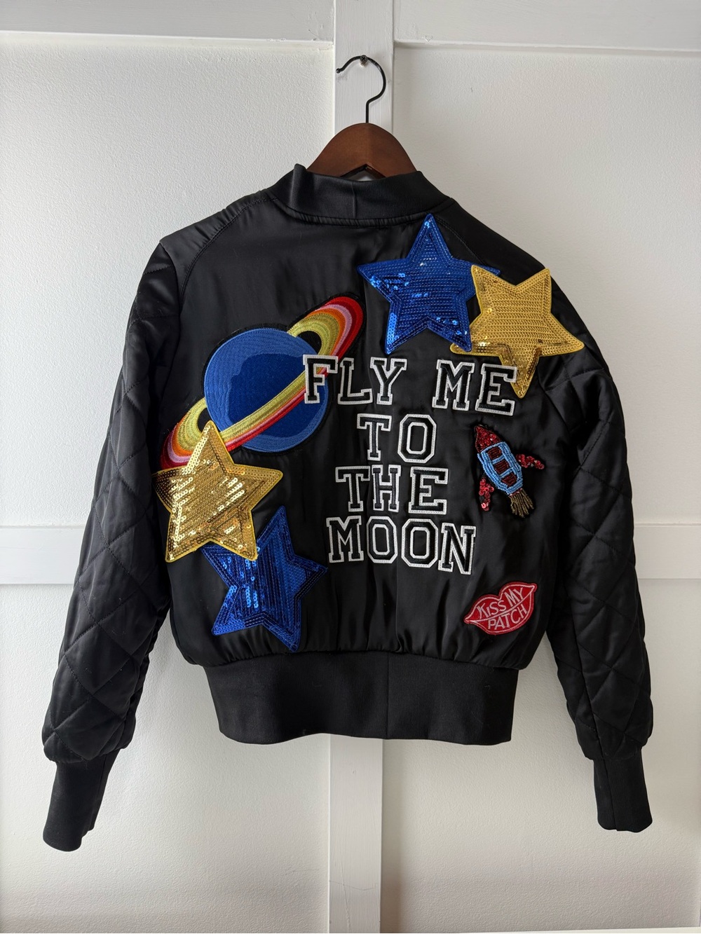 H&M Kiss My Patch Fly Me To The Moon Sequin Bomber Jacket